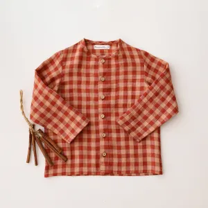 Butternut Check Linen Long Sleeve Button Front Top with Pocket