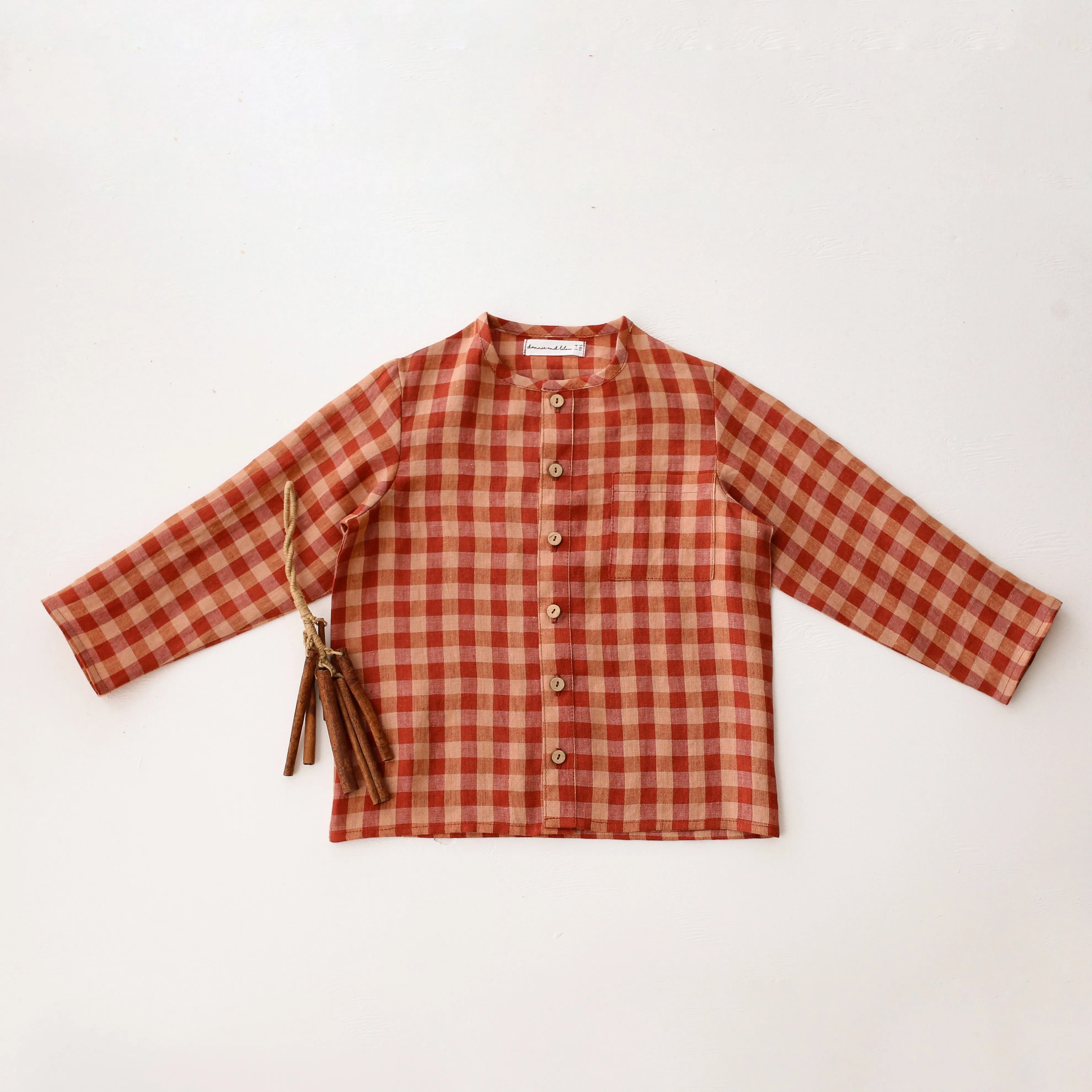 Butternut Check Linen Long Sleeve Button Front Top with Pocket