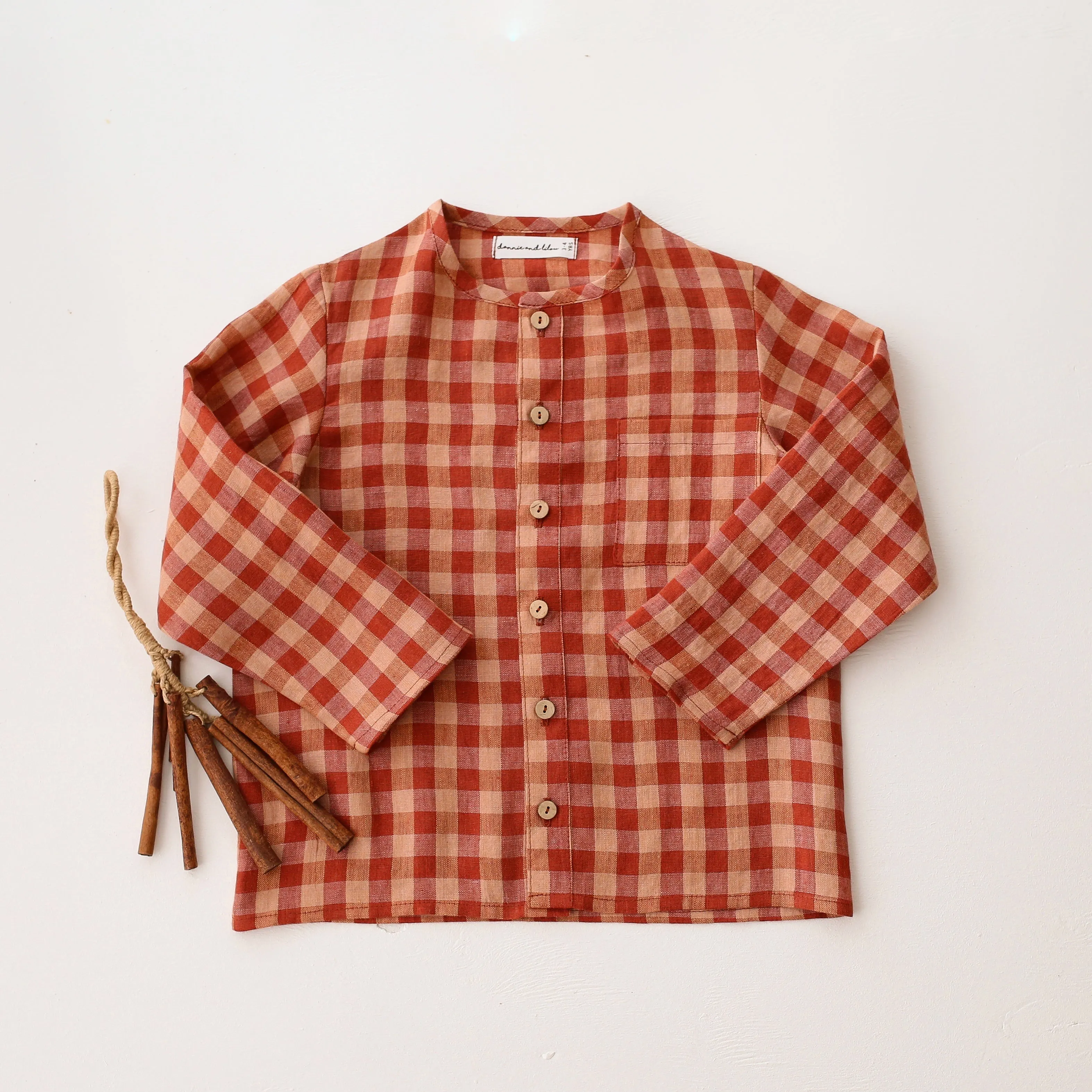 Butternut Check Linen Long Sleeve Button Front Top with Pocket