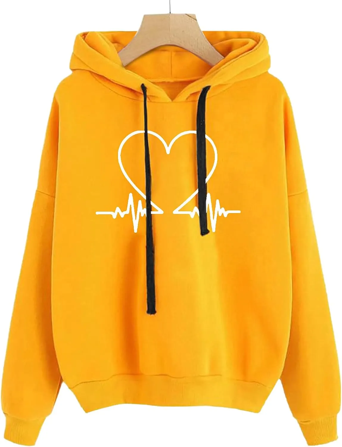 Cute Heart Print Hoodies Women Long Sleeve Comfy Sweatshirt Drawstring Oversized Pullover Tops with Pocket Fall Outfit