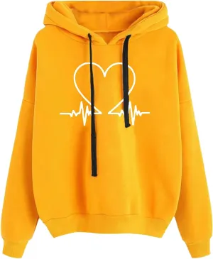 Cute Heart Print Hoodies Women Long Sleeve Comfy Sweatshirt Drawstring Oversized Pullover Tops with Pocket Fall Outfit