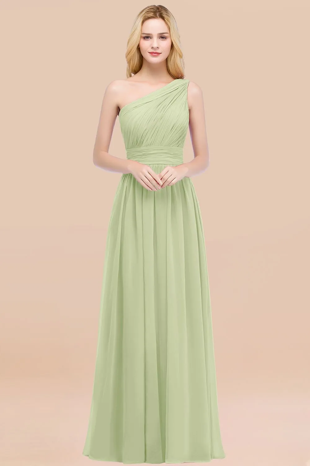 Elegant A-Line Chiffon One Shoulder Long Bridesmaid Dresses with Ruffles