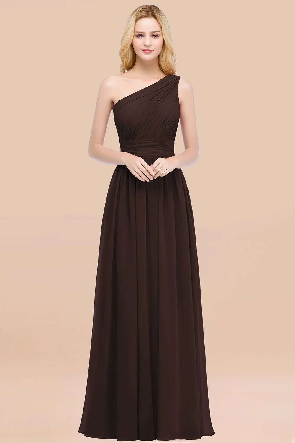 Elegant A-Line Chiffon One Shoulder Long Bridesmaid Dresses with Ruffles