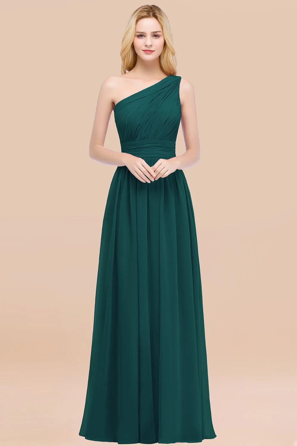 Elegant A-Line Chiffon One Shoulder Long Bridesmaid Dresses with Ruffles