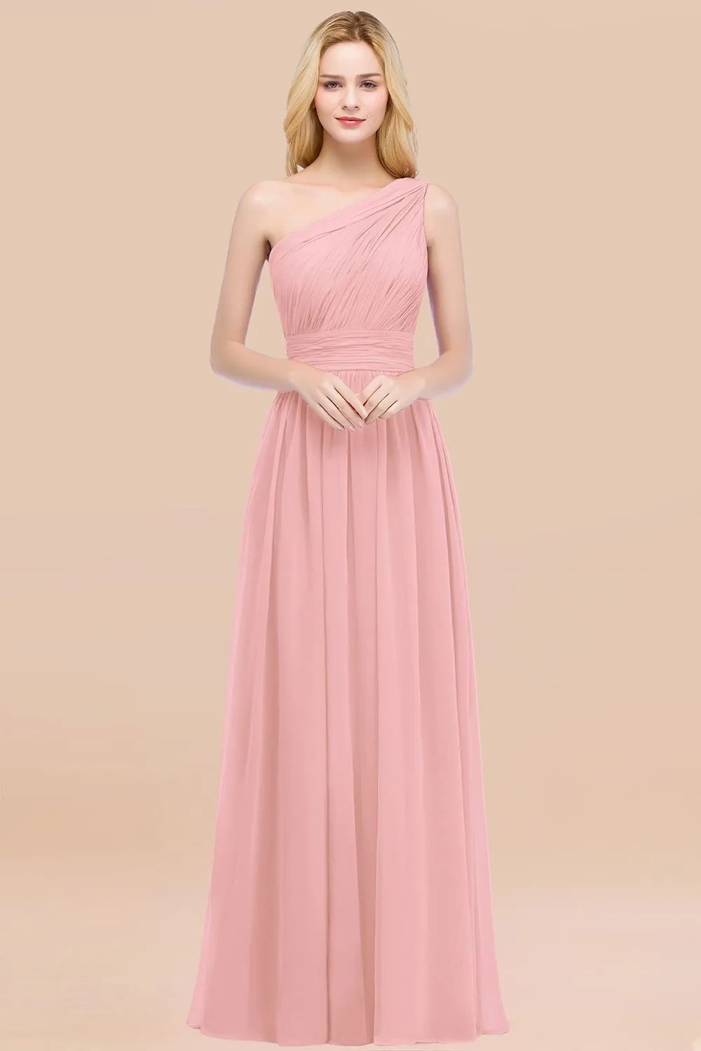 Elegant A-Line Chiffon One Shoulder Long Bridesmaid Dresses with Ruffles