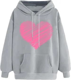 Heart Print Hoodies for Women Classic Valentine's Day Long Sleeve Sweatshirt Oversized Drawstring Pullover Pockets