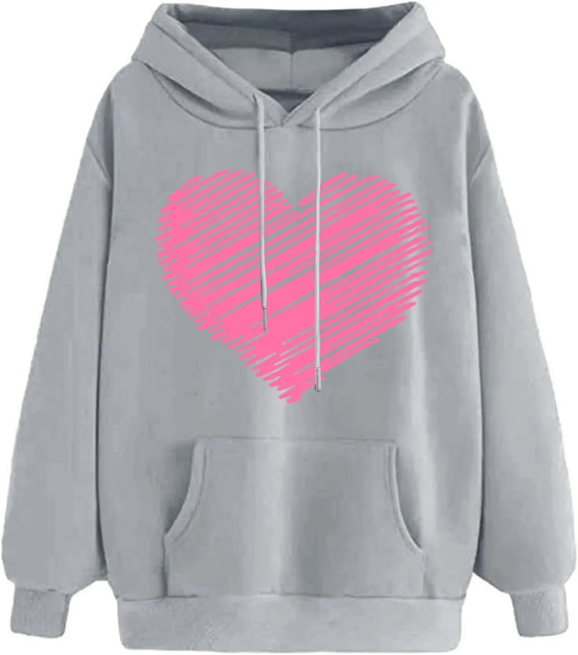 Heart Print Hoodies for Women Classic Valentine's Day Long Sleeve Sweatshirt Oversized Drawstring Pullover Pockets