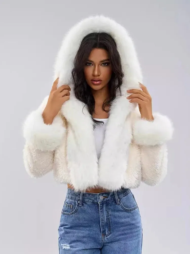 Hooded Long Sleeves Fur Thick Short Faux Fur Coat