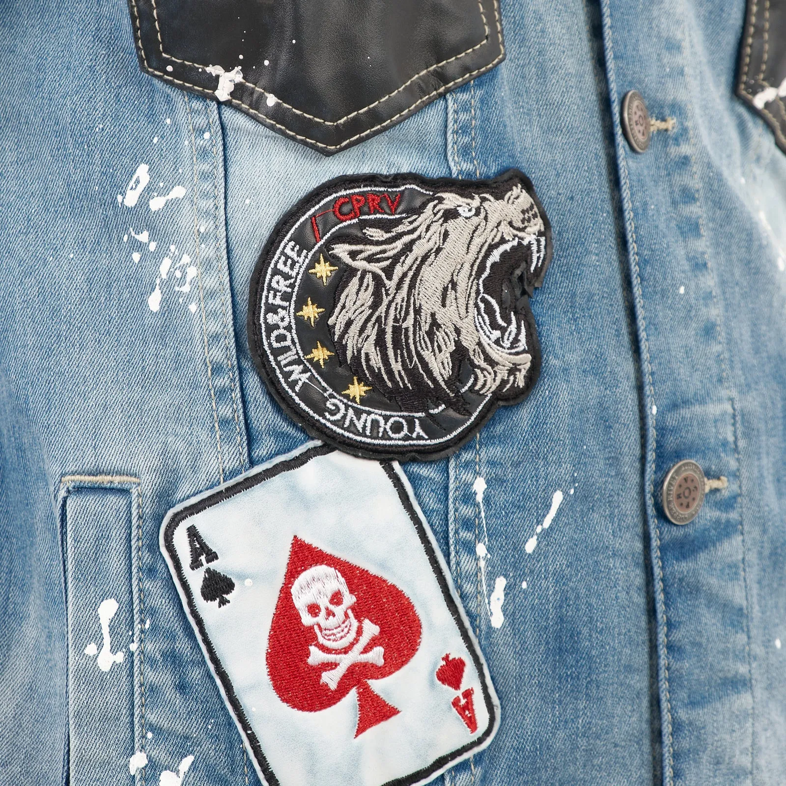 LIGHT BLUE DENIM JACKET W/ LEATHER & PATCHES