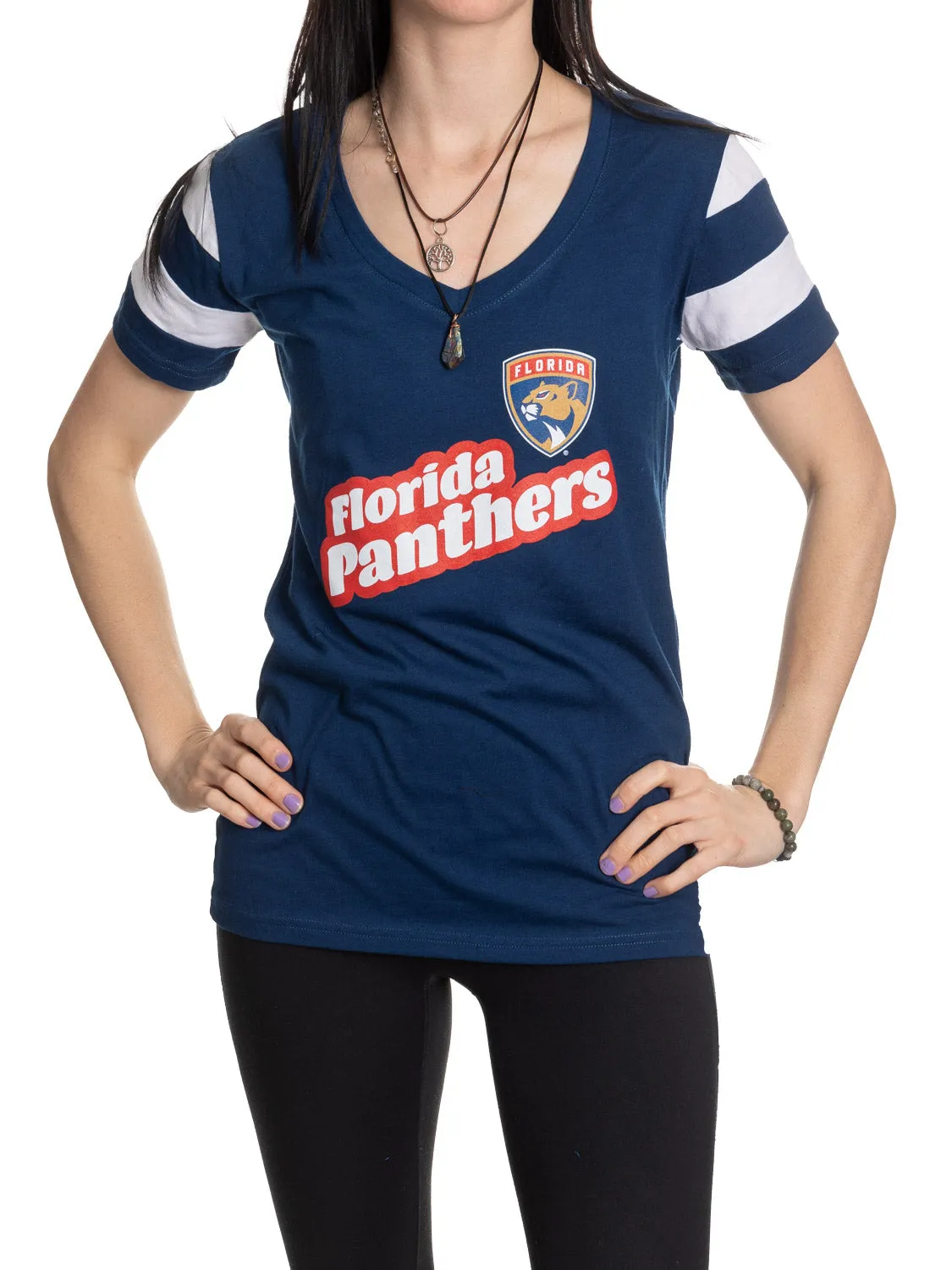 Official Licensed NHL Ladies' Retro Varsity Short Sleeve Vneck Tshirt--Florida Panthers