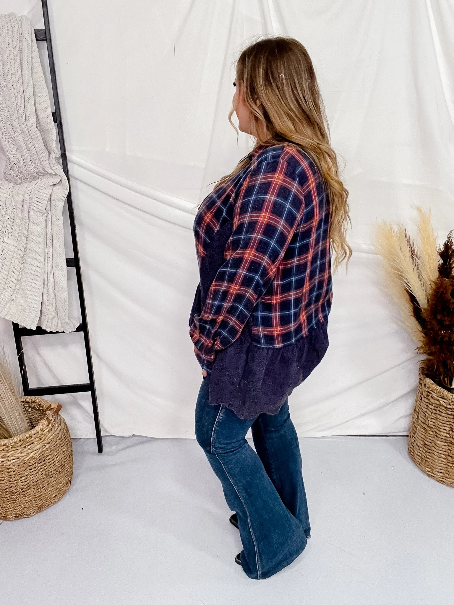 Plaid Eyelet Lace Button Front Top