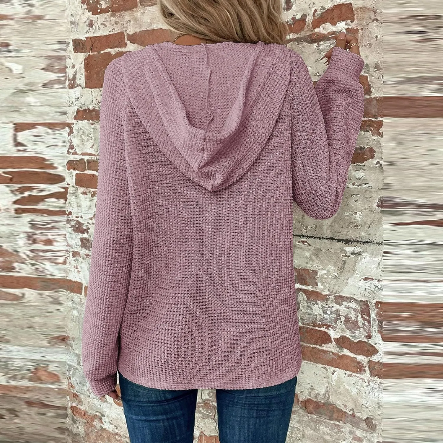 TWGONE Hoodies for Women Waffle Knit Drawstring Button Pullover V Neck Long Sleeve Casual Hooded Sweatshirt Tops
