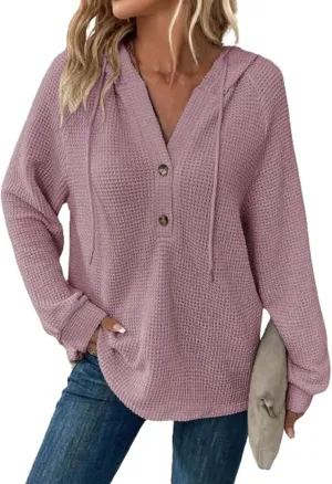 TWGONE Hoodies for Women Waffle Knit Drawstring Button Pullover V Neck Long Sleeve Casual Hooded Sweatshirt Tops