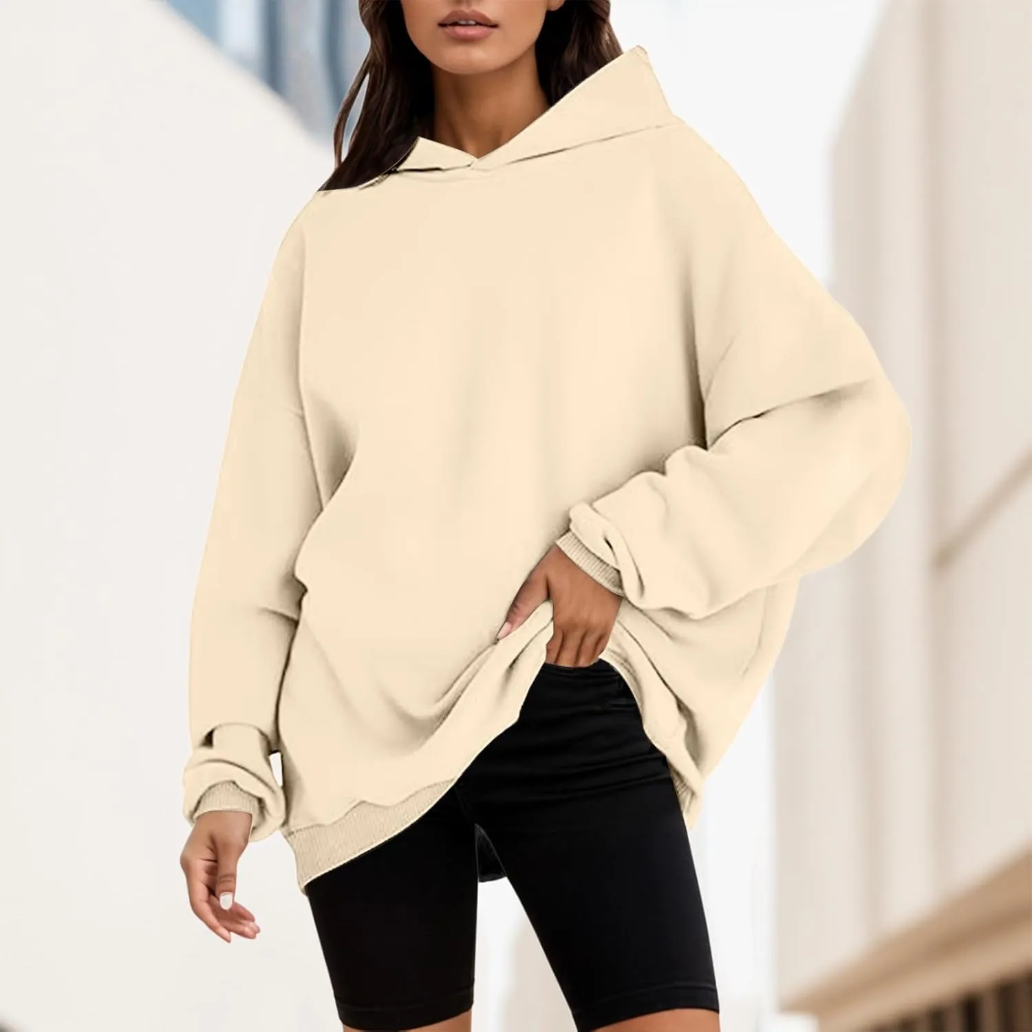 Women's Casual Hoodies Long Sleeve Oversized Sweatshirts Solid Color Fall Fashion Pullover Tops Outfit Winter Clothes